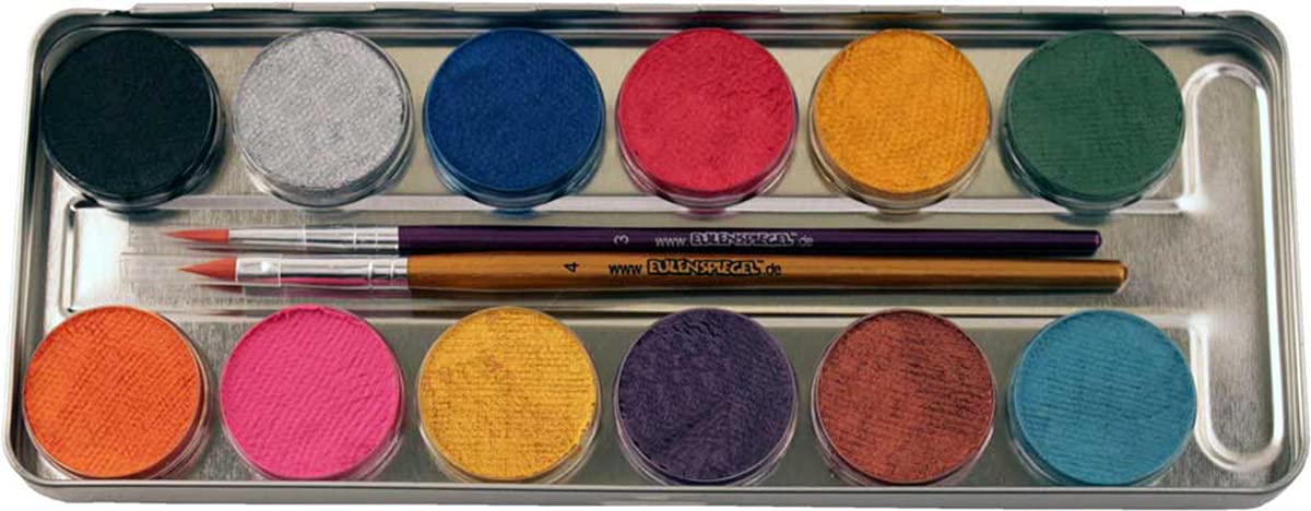 Eulenspiegel 212028 - Palette métal couleurs nacrées, 12 x 3,5 ml de peinture, 2 pinceaux, couleurs de maquillage