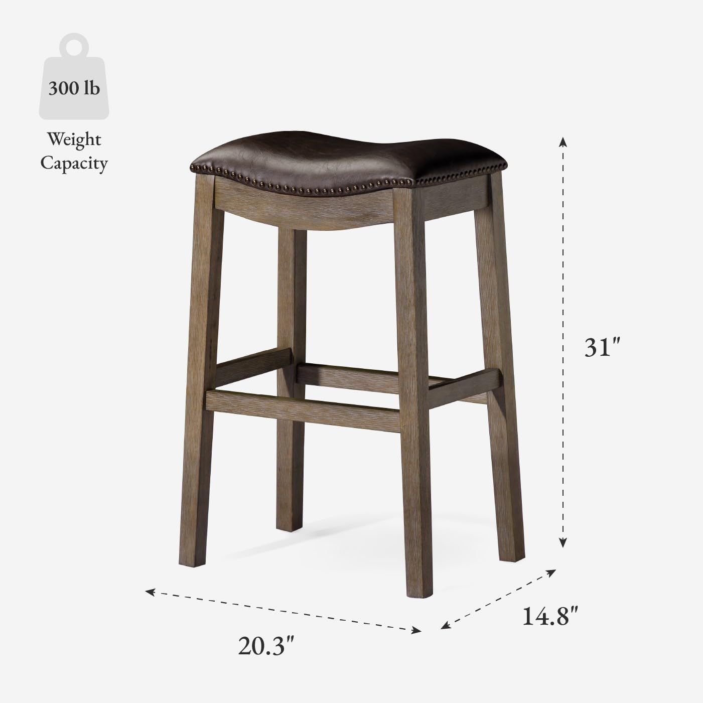 Maven Lane Adrien Backless Bar Stool – Set of 2 – 31 Inch Saddle Seat with Footrest – Brown Solid Wood Frame & Dark Brown Faux Leather Upholstery – Ideal for Bars, Pub Tables & Tall Kitchen Counters