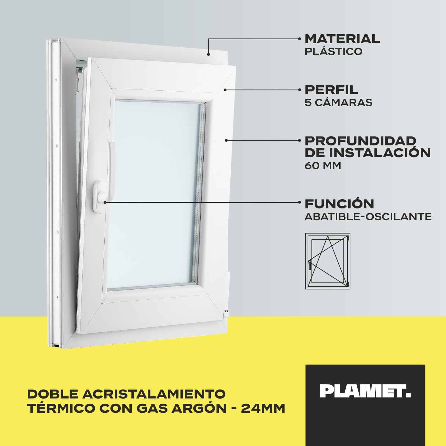 Ventana de PVC - Ventana de Plástico - Resistente a las Influencias Ambientales - Protección Contra Robo - Aislamiento Contra Ruido, Viento - Blanco Satinado - 500x600cm - 4s-16ar-4i