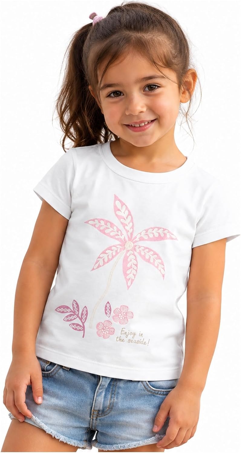 Girls Flower Graphic T-Shirt | Short Sleeve Crewneck, 95% Turkish Cotton, Floral Print, Girls 2-5 Years