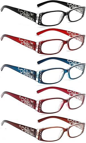 Paquete de 5 lentes de lectura rectangulares con bisagra de resorte, para hombres y mujeres (5 colores, 2.50, multiplicador_x)