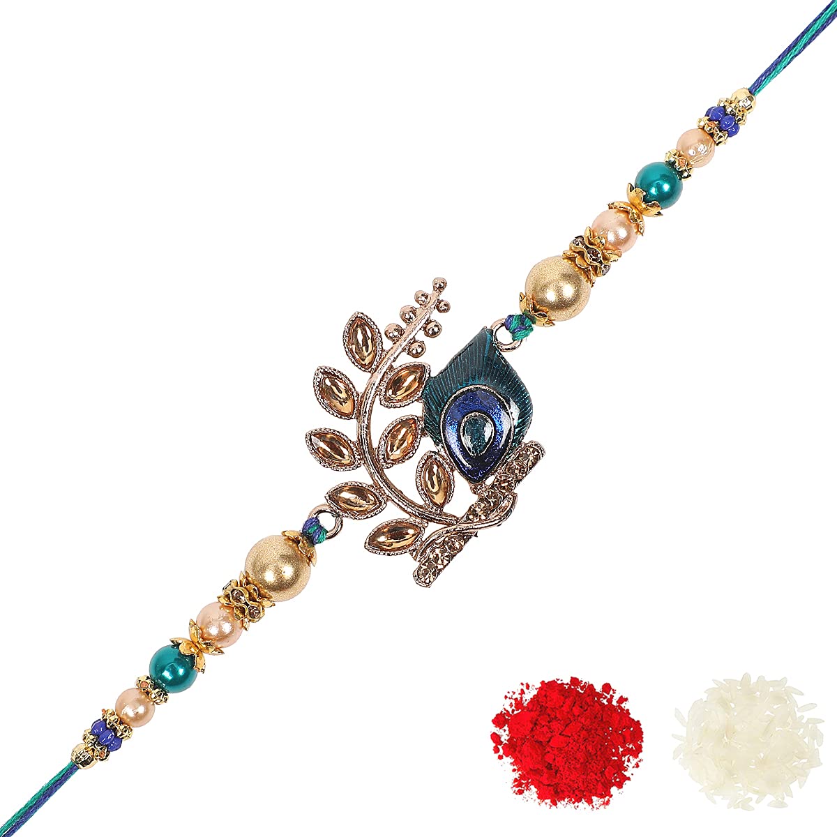 Riddhika Ventures Stylish Peacock Feather and Kundan Rakhi with Roli Chawal and Greeting Card (K3)
