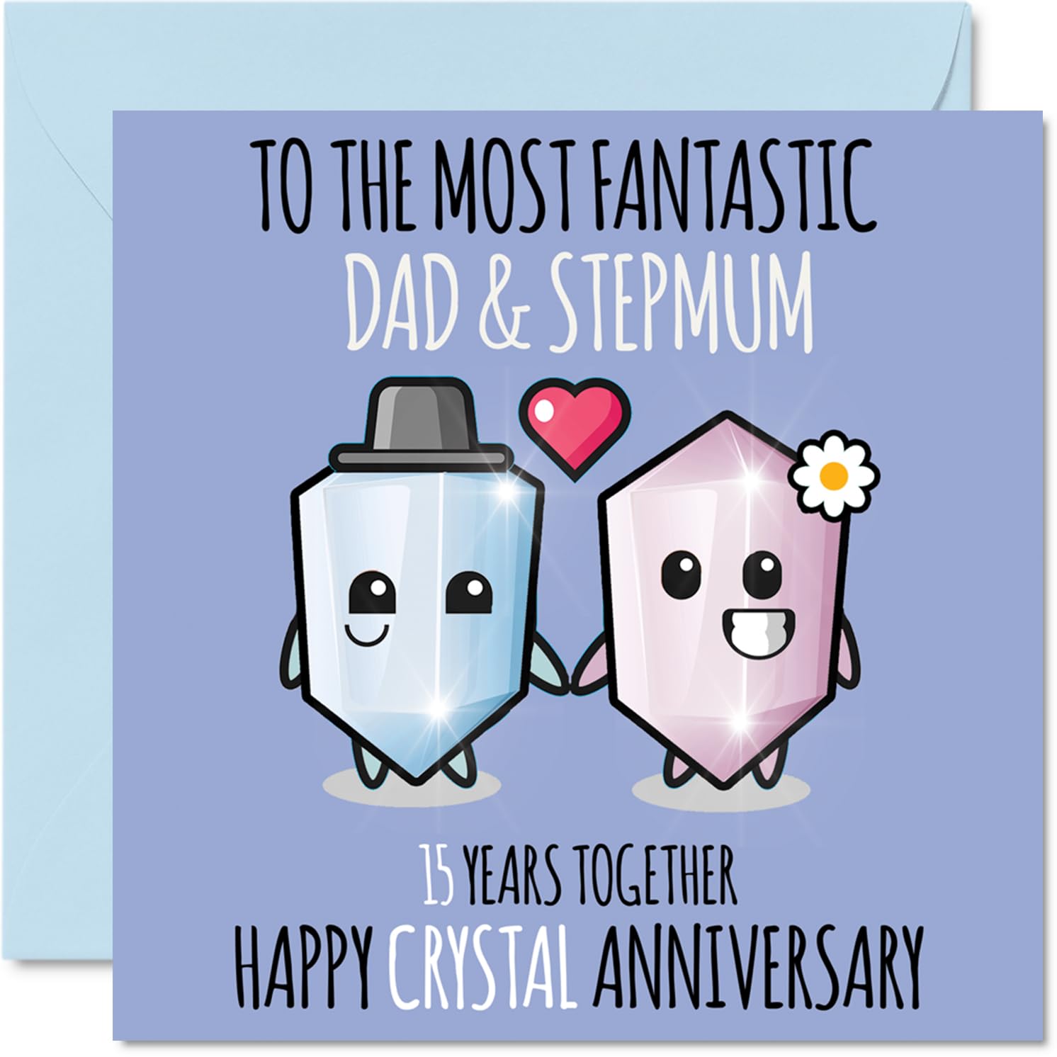 Cute Crystal Anniversary Card for Dad & Step Mum - 15 Years Together - Happy 15th Wedding Anniversary Cards for Step Mum Dad, 145mm Greeting Cards Anniversaries