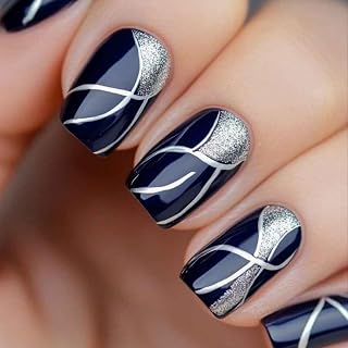 Navy Blue Press on Nails Short Square Fake Nails Silver Line False Nails Irregular Lines Glitter Design Full Cover Glossy Acrylic Nails for Women 24PCS