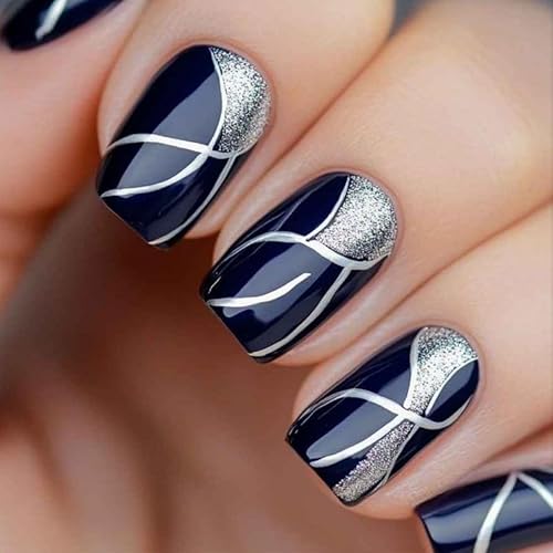Navy Blue Press on Nails Short Square Fake Nails Silver