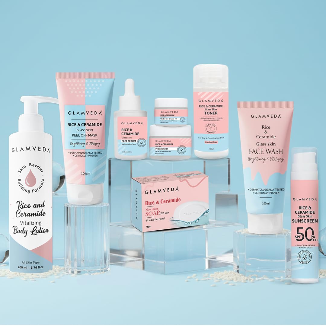 Glamveda Korean Rice & Ceramide 9 Step Skincare Routine For Women & Men | Face wash, Peel Off Mask, Toner, Serum, Under eye Cream, Moisturizer, Sunscreen, Body Lotion & Soap | Skin Brightening-image-3