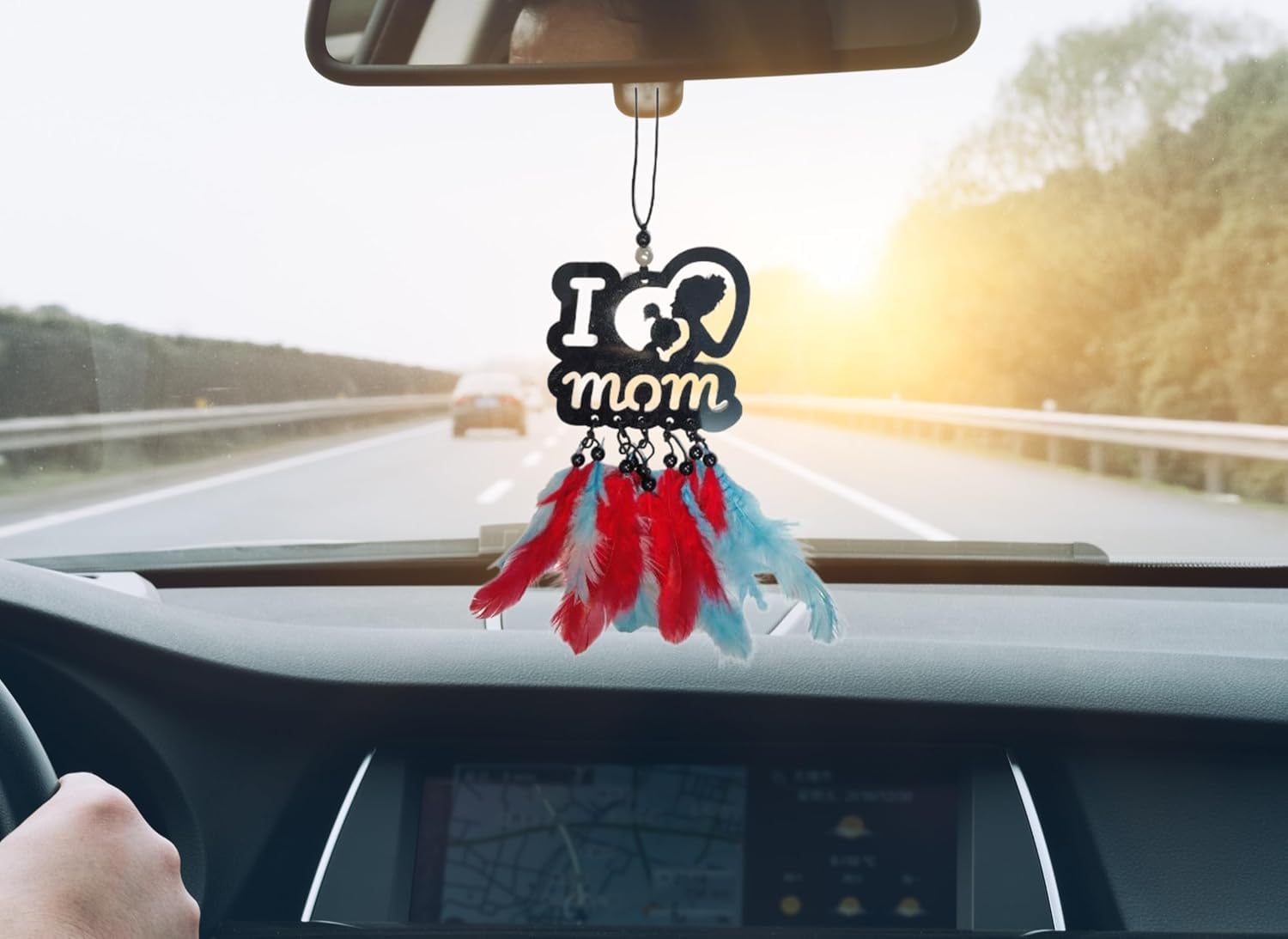 VAJIN I Love You Mom Orange Them Wall Hanging Car Front Mirror Hanger/Car Rear View/Decorative Wall Hanging for Home with Acrylic Material with Feathers-image-16