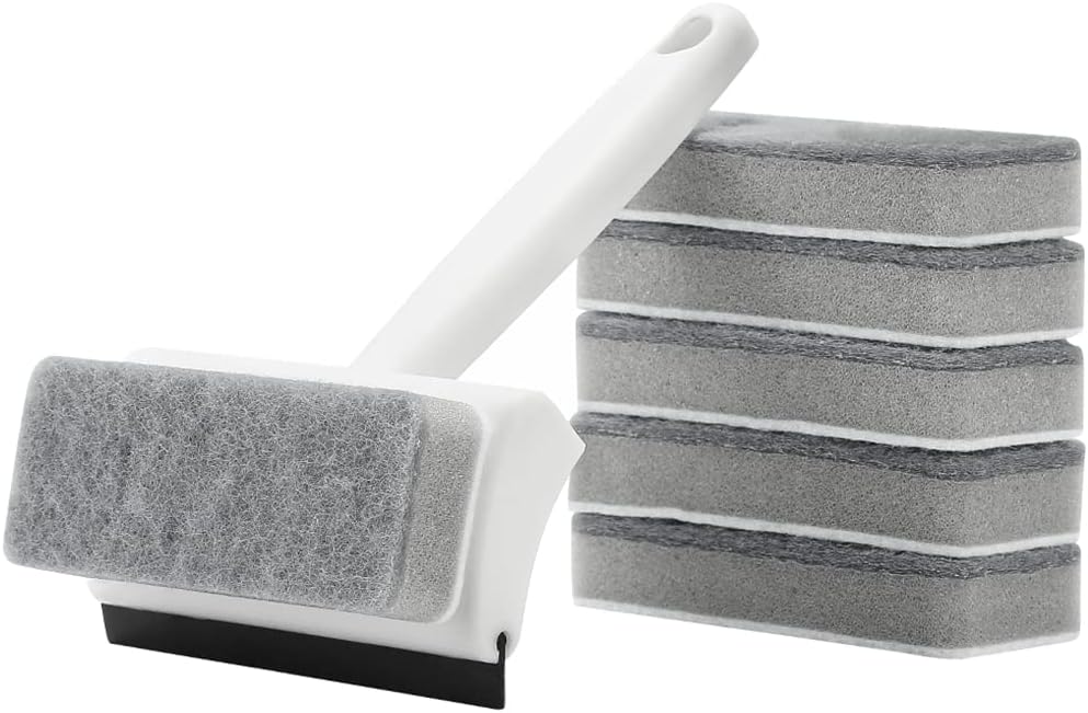 Xicennego Double-Sided Glass Sponge Cleaning Brush Set Wiper Mirror Glass Tile Cleaning Brush Bathroom Squeegee for Shower Glass(1 Brush and 5 Spare Sponges)