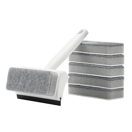Xicennego Double-Sided Glass Sponge Cleaning Brush Set Wiper Mirror Glass Tile Cleaning Brush Bathroom Squeegee for Shower Glass(1 Brush and 5 Spare Sponges)