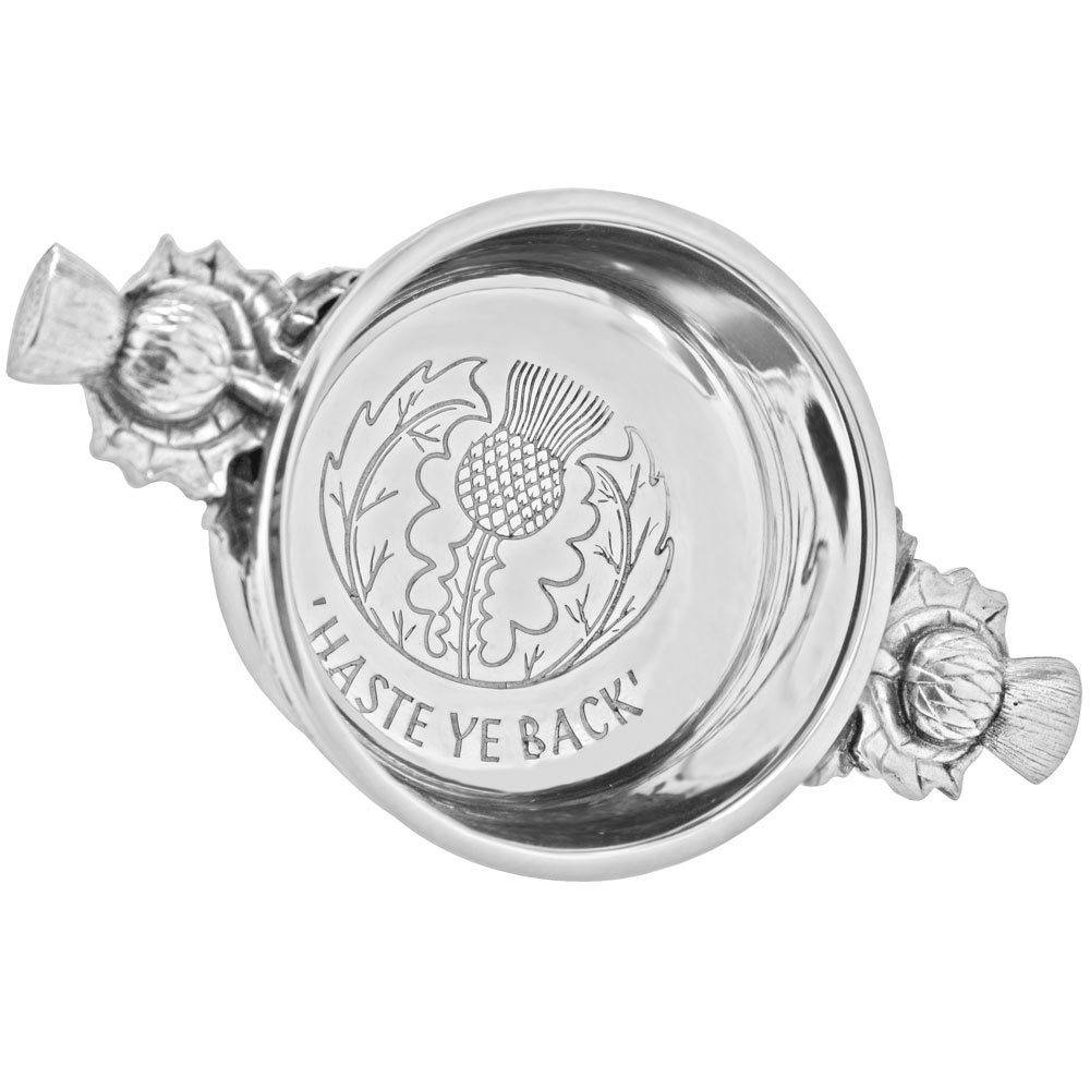 English Pewter Company 2.5" Celtic 'Haste Ye Back' Thistle Handle Pewter Quaich Whisky Tasting Bowl [PQ530]