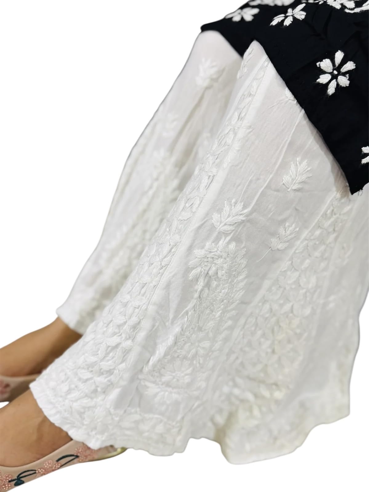 Chikankari Plazzo Pants for Women, White Cotton Straight Fit Embroidered Trousers, Ethnic Wear Kurta Bottoms for Office, Festive and Daily Use-Free Size_Elastic Waist