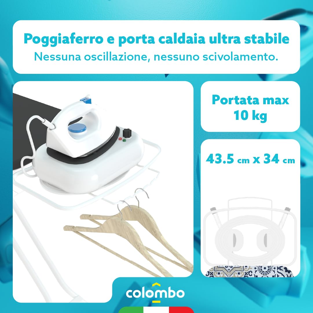 Colombo | Stella Asse da Stiro 120x124cm Porta Caldaia 10kg Portabiancheria | Tavola da Stiro Pieghevole Altezza Regolabile Max 95cm | Copri Asse da Stiro in Cotone Biologico | Made in Italy