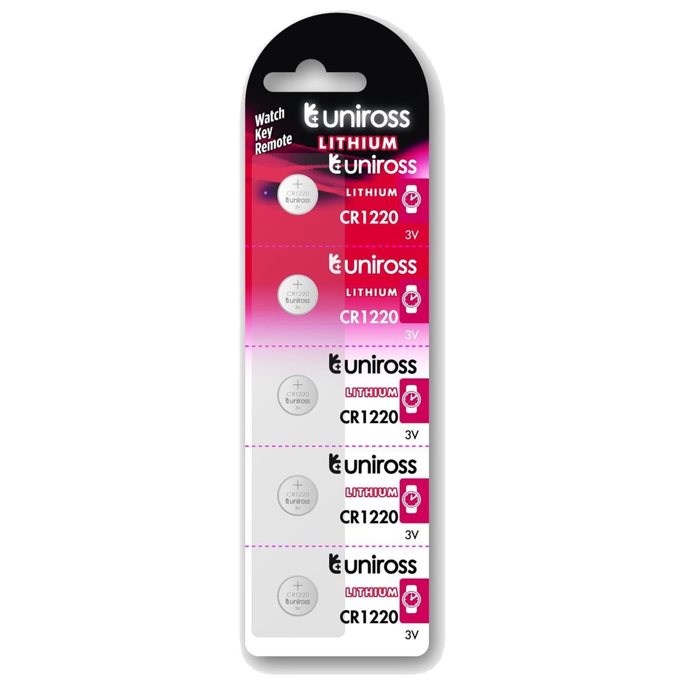 Uniross CR1220 Lithium Coin Cell Battery 3.0V Pack of 5 Batteries - Equivalent to BR1220, DL1220, ECR1220