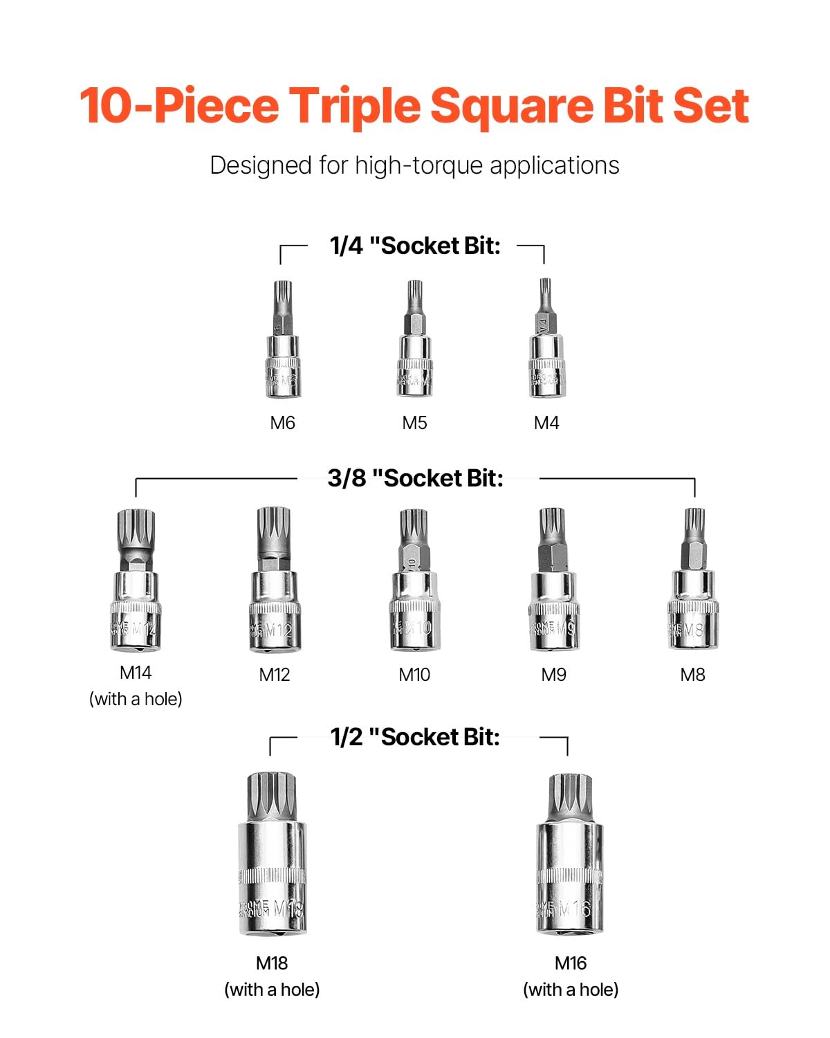 Set Attrezzi da Lavoro Set di bussole per punte triple quadrate da 10 pezzi M4- M18 Custodia in acciaio Cr-V migliorata