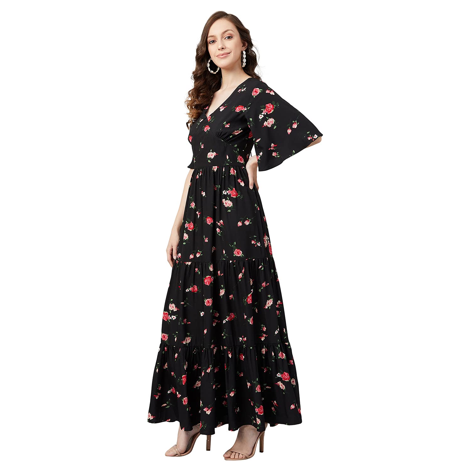 Rare Women's Crepe Fit And Flare Maxi Casual Dress (Ep6216_Black_Large)