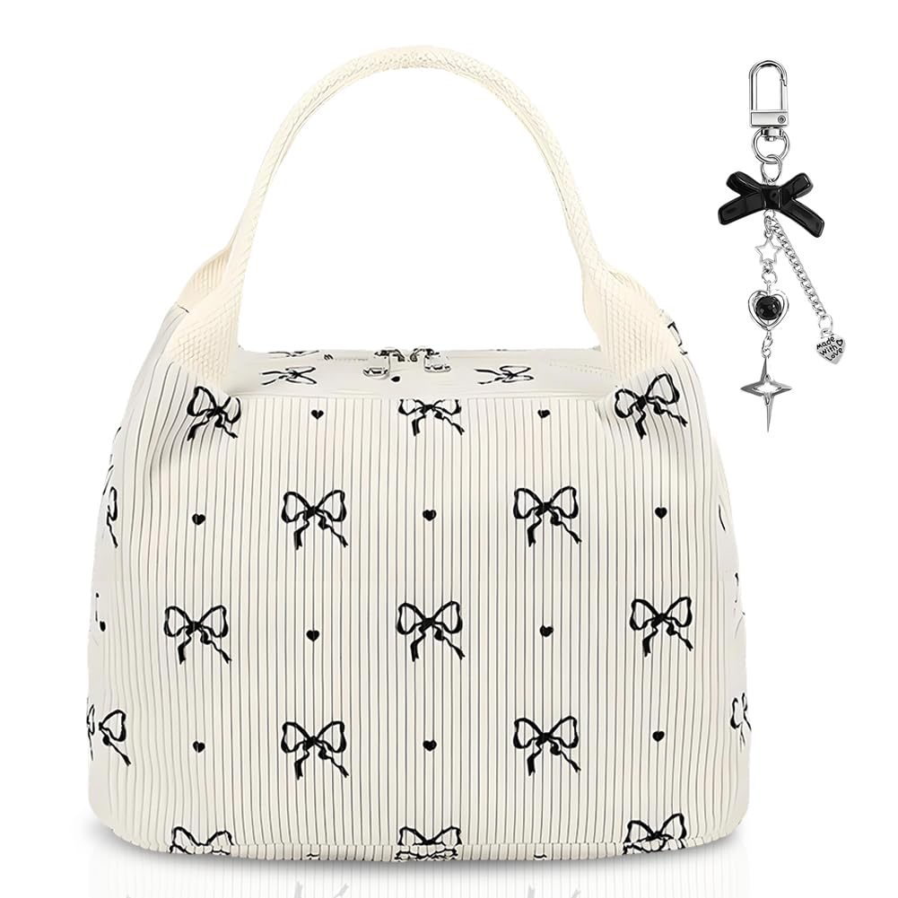 VorErgyllic Lunch Bags for Women and Bow Charm Chain, Chic Butterfly Bow Insulated Lunch Bag, Reusable Insulated Lunchbag, Black Bowknot Heart Kawaii Pendant for Adults Kids School Days Commutes