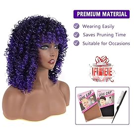 YEAME Curly Wigs for Black Women - Purple Mixed Blue Synthetic Afro Curly Wigs with Bangs, 15 Length, 21.5-22 Cap Size