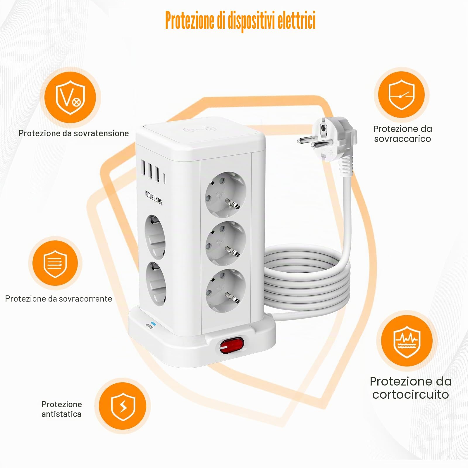 Presa multipla con caricatore wireless da 15 W e 11 connettori (Schuko + USB) Protezione da sovratensione, commutabile, cavo di prolunga 2 m, bianco, cucina/ufficio
