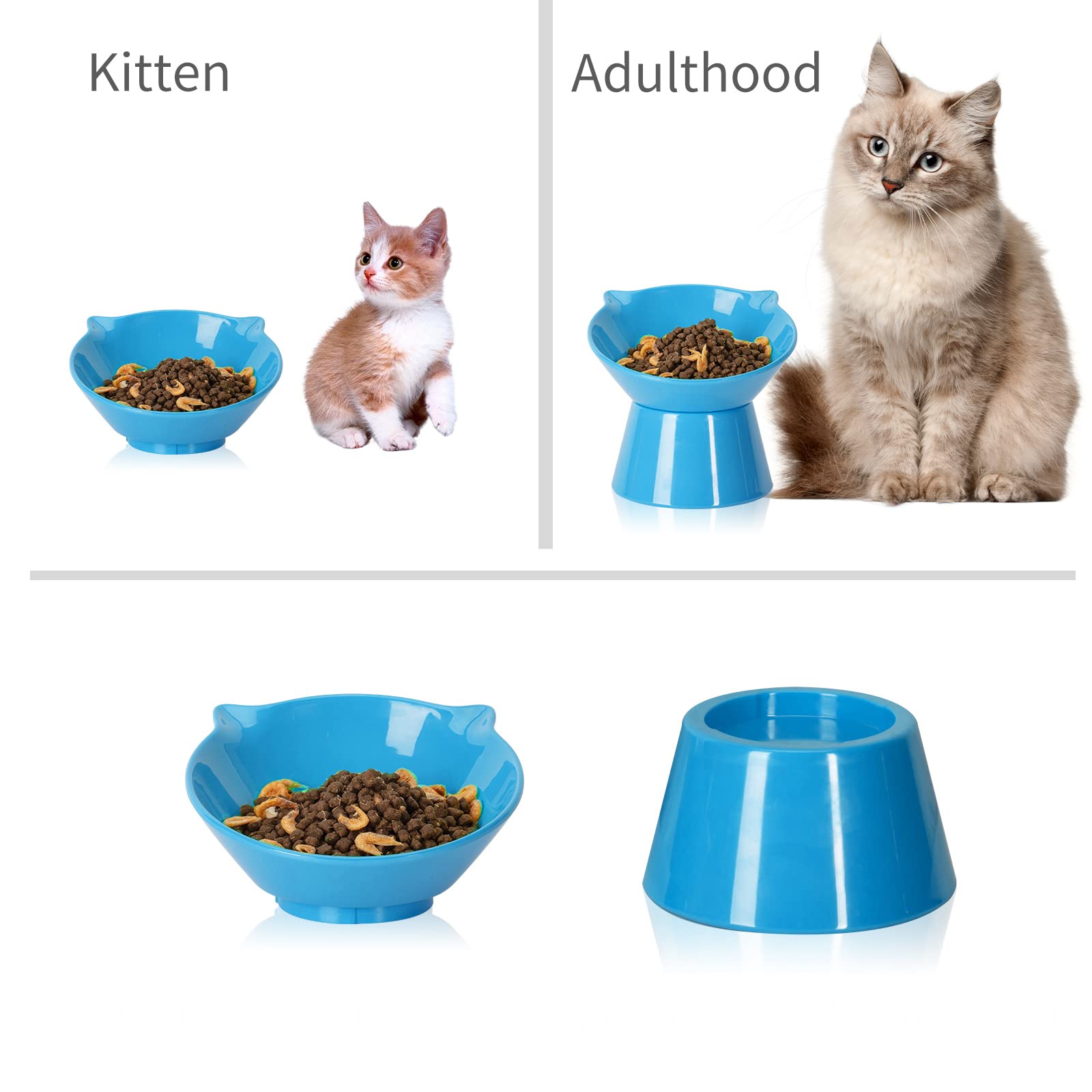 Ciotola Rialzata per Gatti e Cuccioli - Supporto Inclinato di 15° per Cibo e Acqua, Anti-vomito, Blu