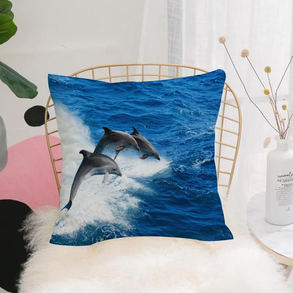 HYOSXW Cushion Cover,Throw Pillow Case Home Decorative for Living Room Bedroom Sofa Chair 16X16 Inch,Marine Wildlife Background - Three Dolphins Jump Out of the Ocean,Pillowcase 40X40cm
