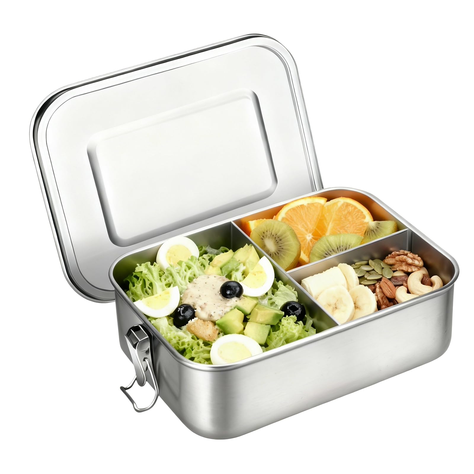 Tel Charme * Stainless Steel Lunch Box 1200ml, Large 3-Compartment Bento Box, Leak-Proof Salad Food Storage Container for Adults & Kids, Lockable Clips & Dishwasher Safe