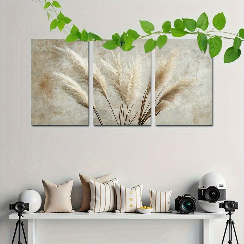 IXEHOH Pampasgras 3 Teilig Leinwandbilder Groß Wandbilder Wohnzimmer Boho Beige Wanddeko Neutral Kunstdrucke Modern Bilder Wand Dekoration Aesthetic Wall Art Posters & Prints 70x100cmx3