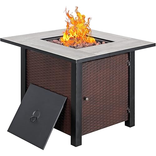 OC Orange-Casual Propane Fire Pit Table - 30 inch 50,000 BTU Auto-Ignition Gas Firepit, Wicker-Look Square Gas Outdoor Fire Table with lid, Lava Rocks, Brown