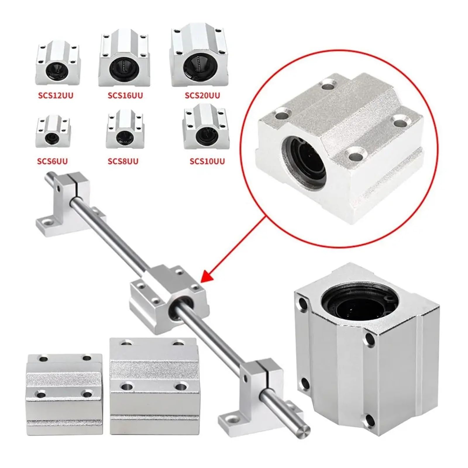 SCS8UU SCS10UU SCS12UU - Roulement à billes linéaire - SCS16UU SCS20UU - Bloc de bague de routeur CNC - Arbre de rail de guilde en aluminium léger (SCS12UU)