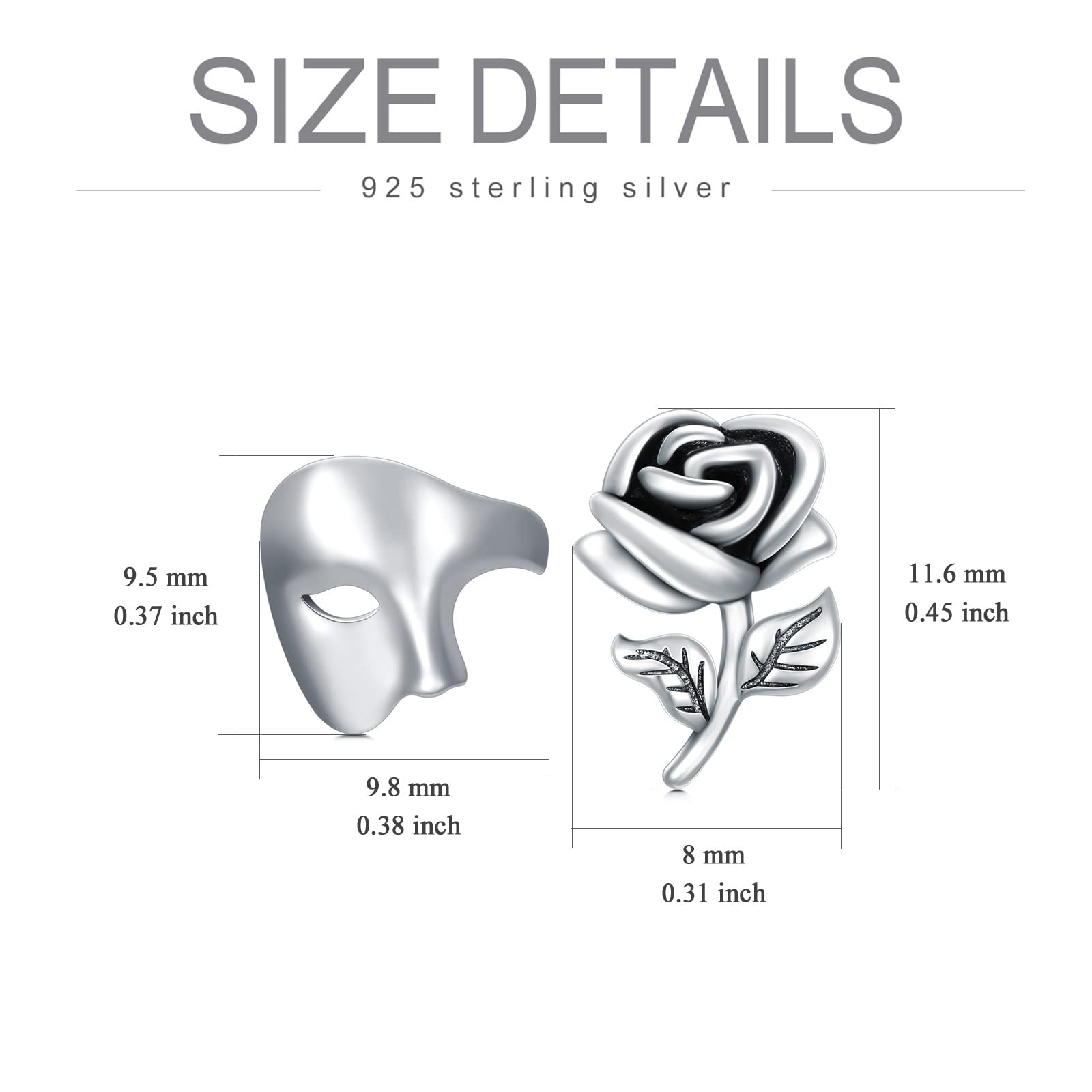 Pendientes de máscara/máscara de ópera, plata de ley 925, joyería de teatro, regalos para mujeres, hombres y niñas, 0.39 inches, Plata de ley, Sin piedra preciosa