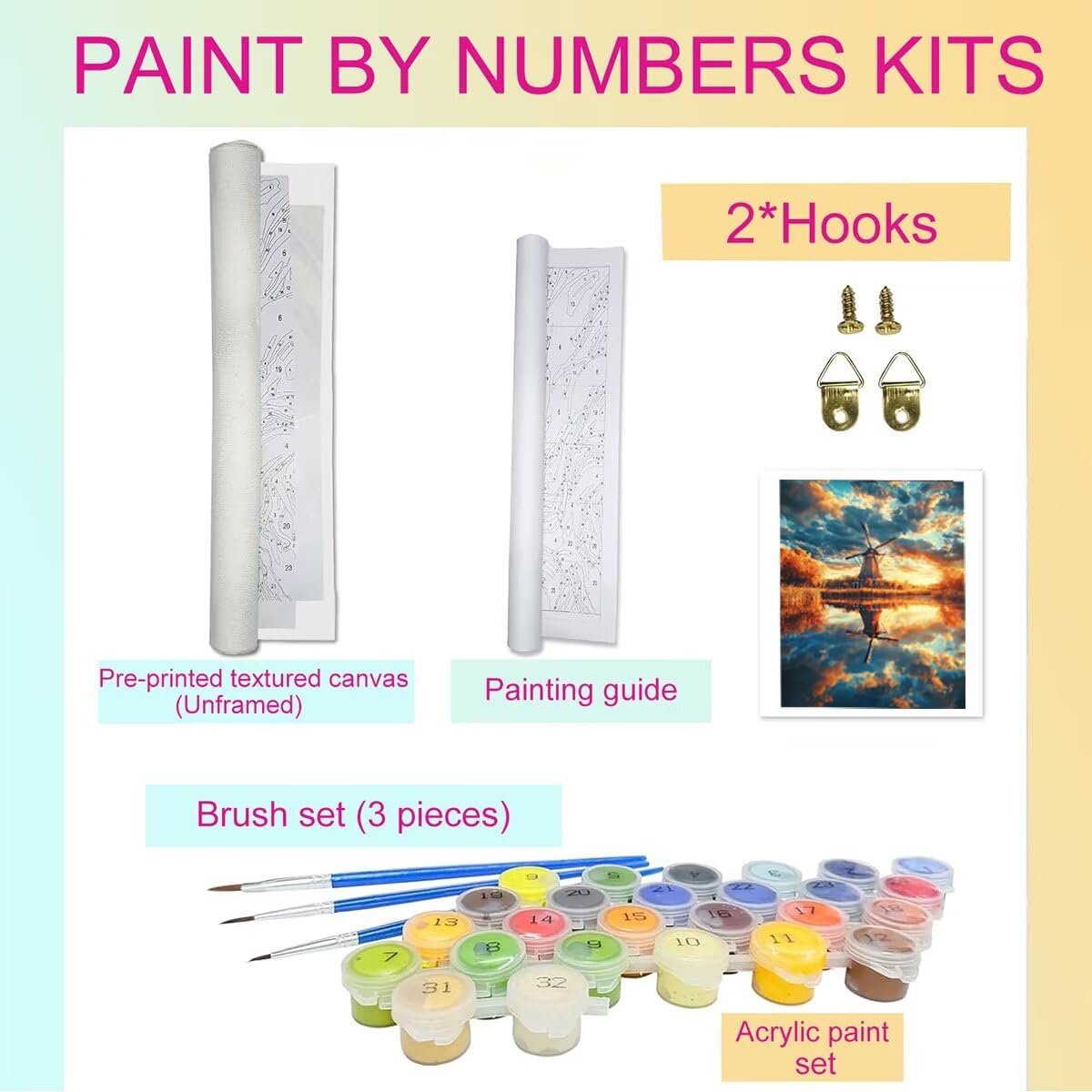 Dipingere con i Numeri Mulino a vento, Paint by Numbers Adulti Paesaggio, Fai da te Creativi Adulti Quadri da Dipingere Numerati Kit per Decorazione Della Parete di Casa 100x135 cm Senza Cornice 25-U