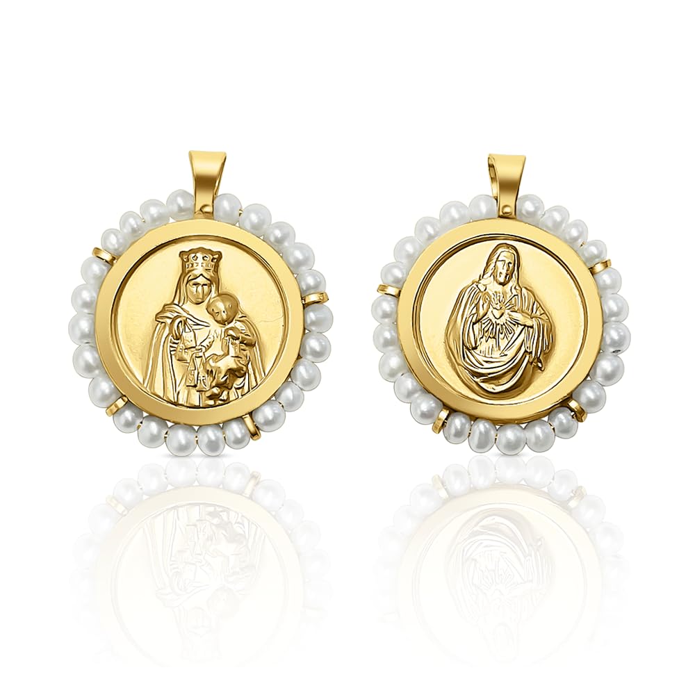 Medalla colgante Escapulario con perlas cultivadas, Virgen del Carmen y Sagrado Corazón medida 20 mm.