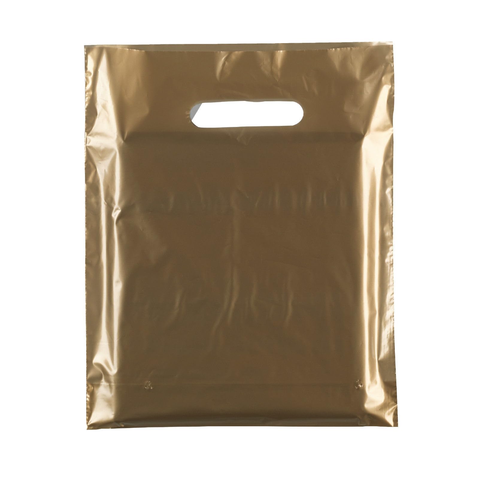100x HEAVY DUTY STRONG COLOREDFULL PLASTIC CARRIER PATCH HANDLE BAGS, PARTY, BOUTIQUE GIFT BAGS (Gold, 22 x 18)