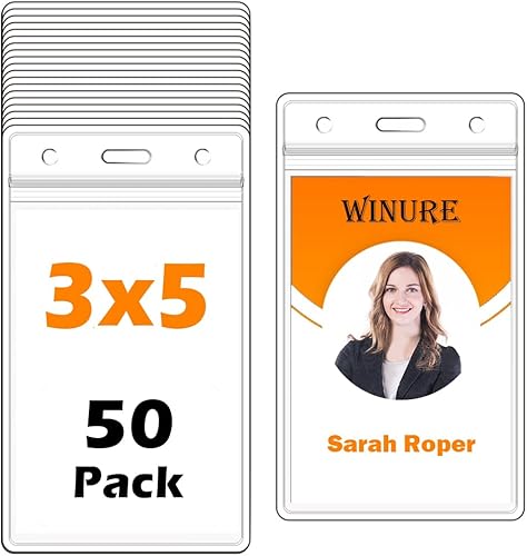 WINURE Paquete de 50 soportes de vinilo para tarjetas de identificación (se adaptan a insertos de 3 x 5 pulgadas), impermeables, plástico