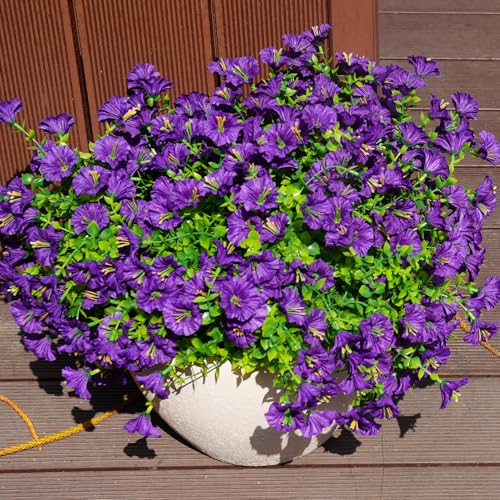 Image of Artificial Flowers for Outdoors, UV Resistant Fake Silk Morning Glory, Realistic Faux Plants for Outside Porch Patio Window Box Hanging Planter (12, Purple)