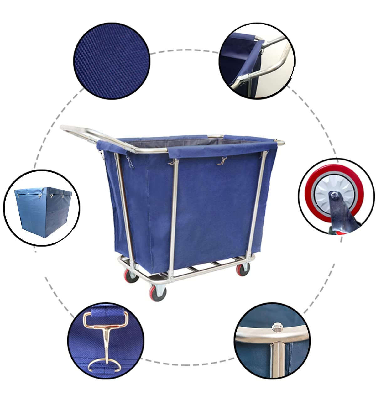 SDdPulse Carrito de lavandería de acero inoxidable resistente con ruedas – Cesta de lavandería comercial con bolsas extraíbles y asa – Cesta clasificadora móvil para uso doméstico y hotel, azul-C