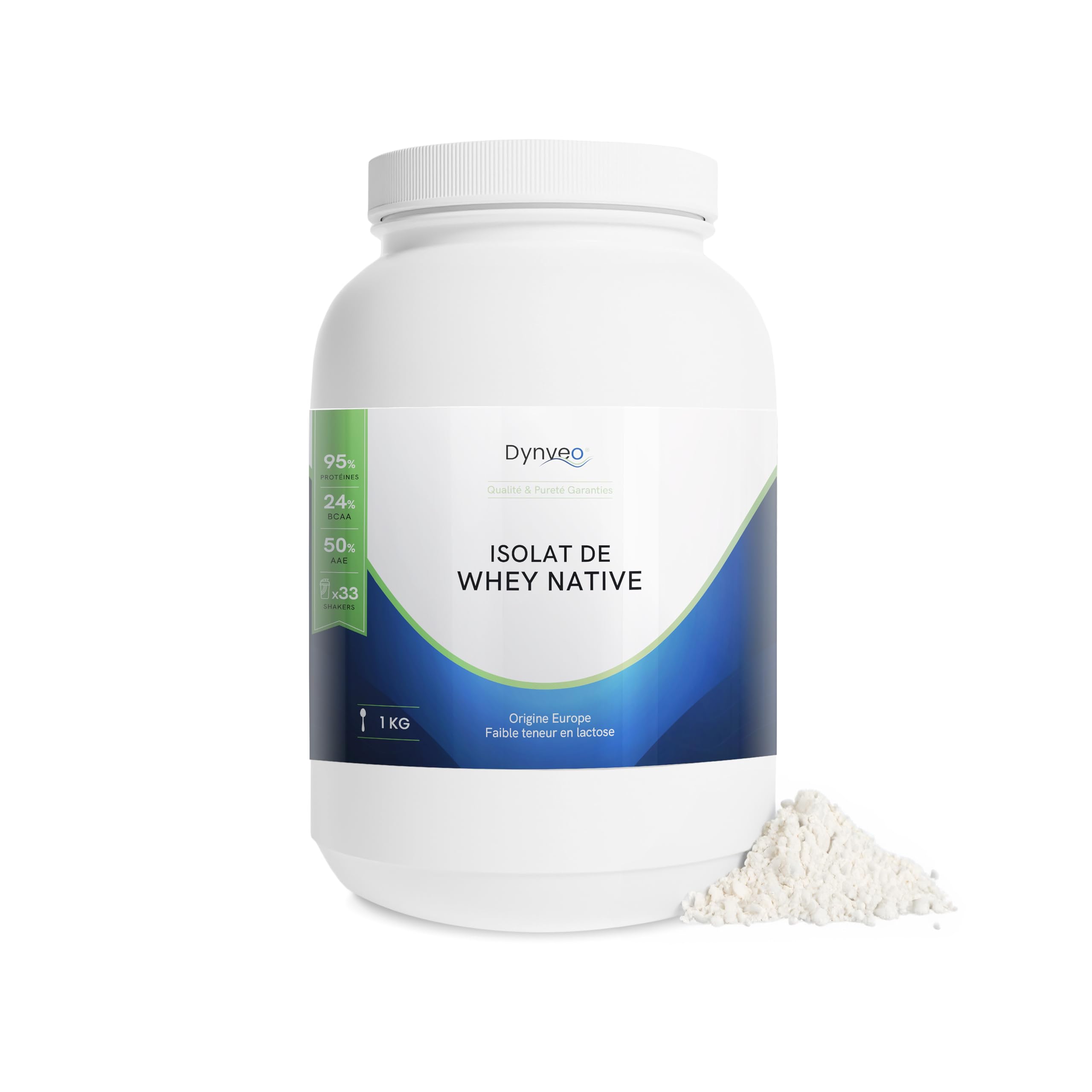 Whey Native Isolate en Poudre 1 kg - Prise de Masse, Sèche, Musculation - Riche en BCAA, Issue de Lait de Vache Frais - Whey Pure 95% en Protéines - Origine européenne, Dynveo