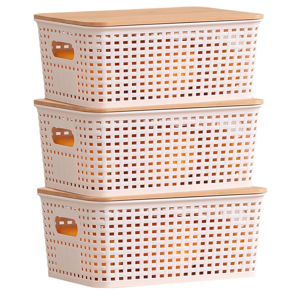 3Pcs Casual Plaid Storage Box with Wood Lid Stackable Organizing Box Large Capacity Handle Storage Baskets for Shelves Drawers Closet Playroom