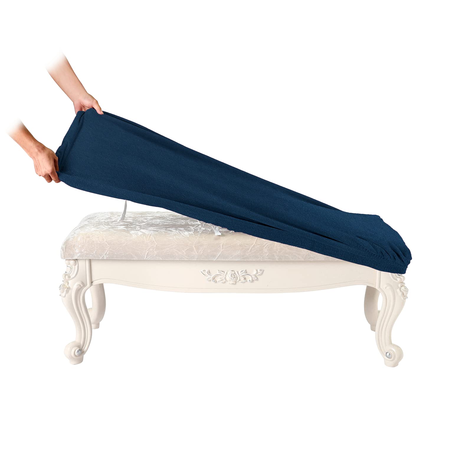SINOSSO Soft Velvet Shoe Bench Cover, (36.5"- 48") L x (13.8"- 18") W Stretch Washable Dining Bench Upholstered Protector Rectangle Chair Slipcover, (L, Navy Blue)