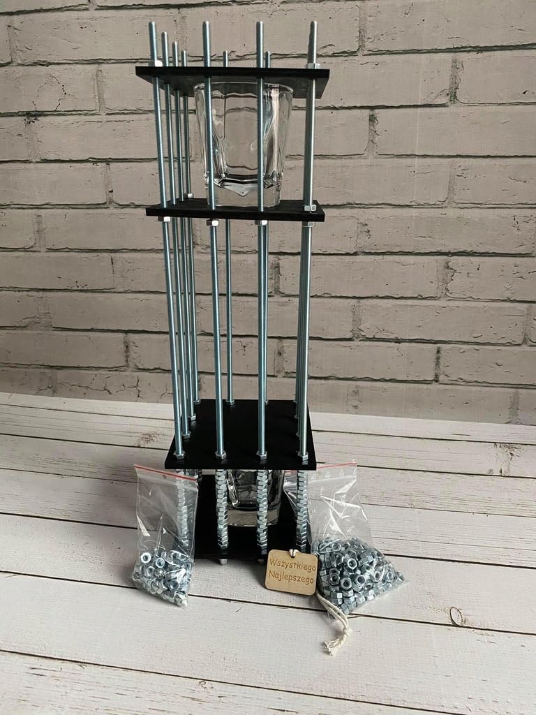 Alkohol-Käfig Geschenkset – Holz Puzzle Flaschenkäfig mit 288 Schrauben + 2 Gläsern – Für 0,7 l Flasche (25 cm) – Lustiges Männergeschenk ohne Gravur