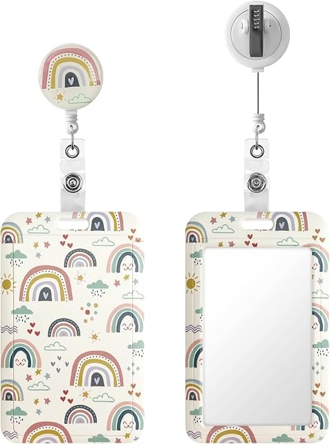 Geiomoo Retractable Badge Holder with Alligator Clip, Reel Buckle with ID Hard Card Case (Rainbow Drawn)