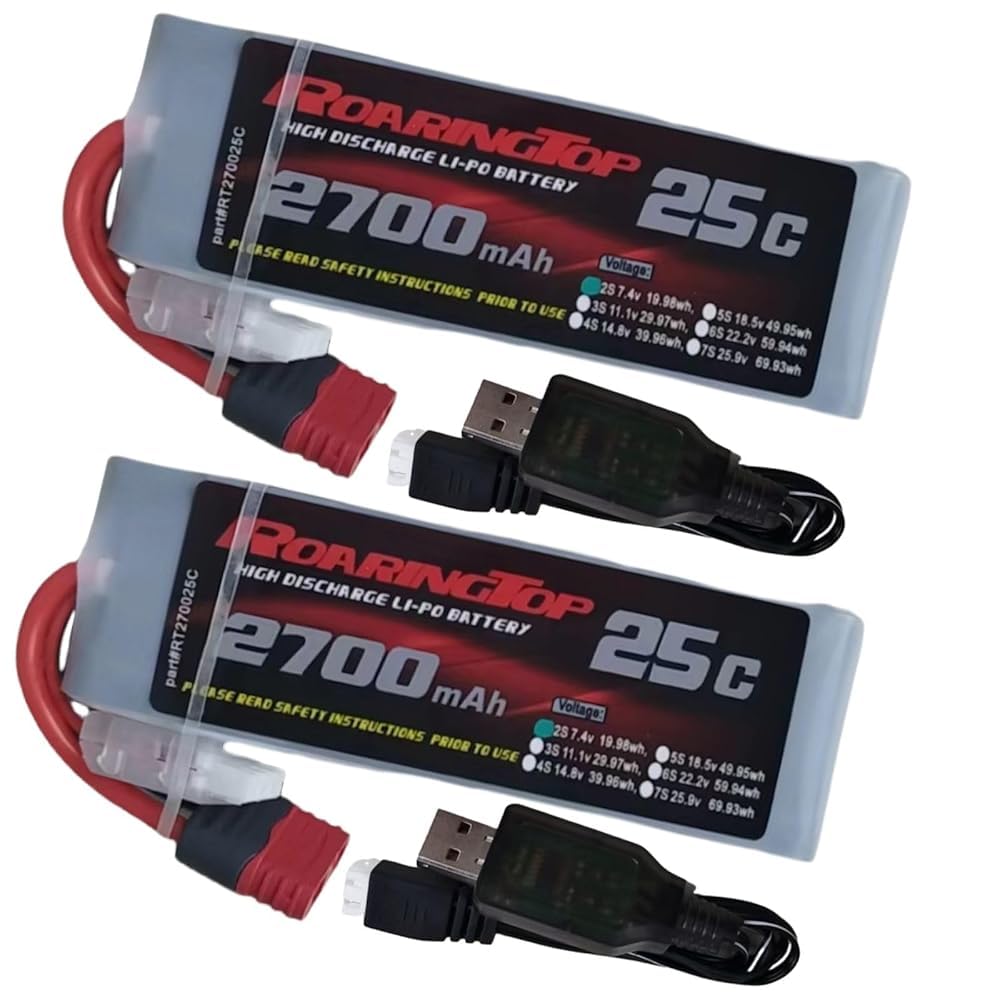 RoaringTop 2S Lipo Battery 2700mAh 7.4V RC Batteries 25C with T Plug Compatible with WLtoys 104009/104002/104072/124017/124018 1:10 1:12 RC Car Truck Truggy(2 Packs)