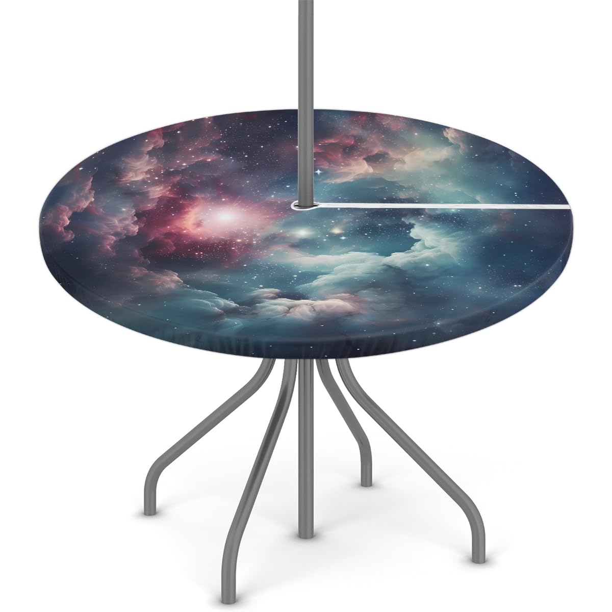 YPPAHHHH Round Outdoor Fitted Tablecloth with Umbrella Hole, Space Nebula Elastic Table Cloth Universe Galaxy Star Waterproof Table Cover with Zipper for Patio Picnic, 36