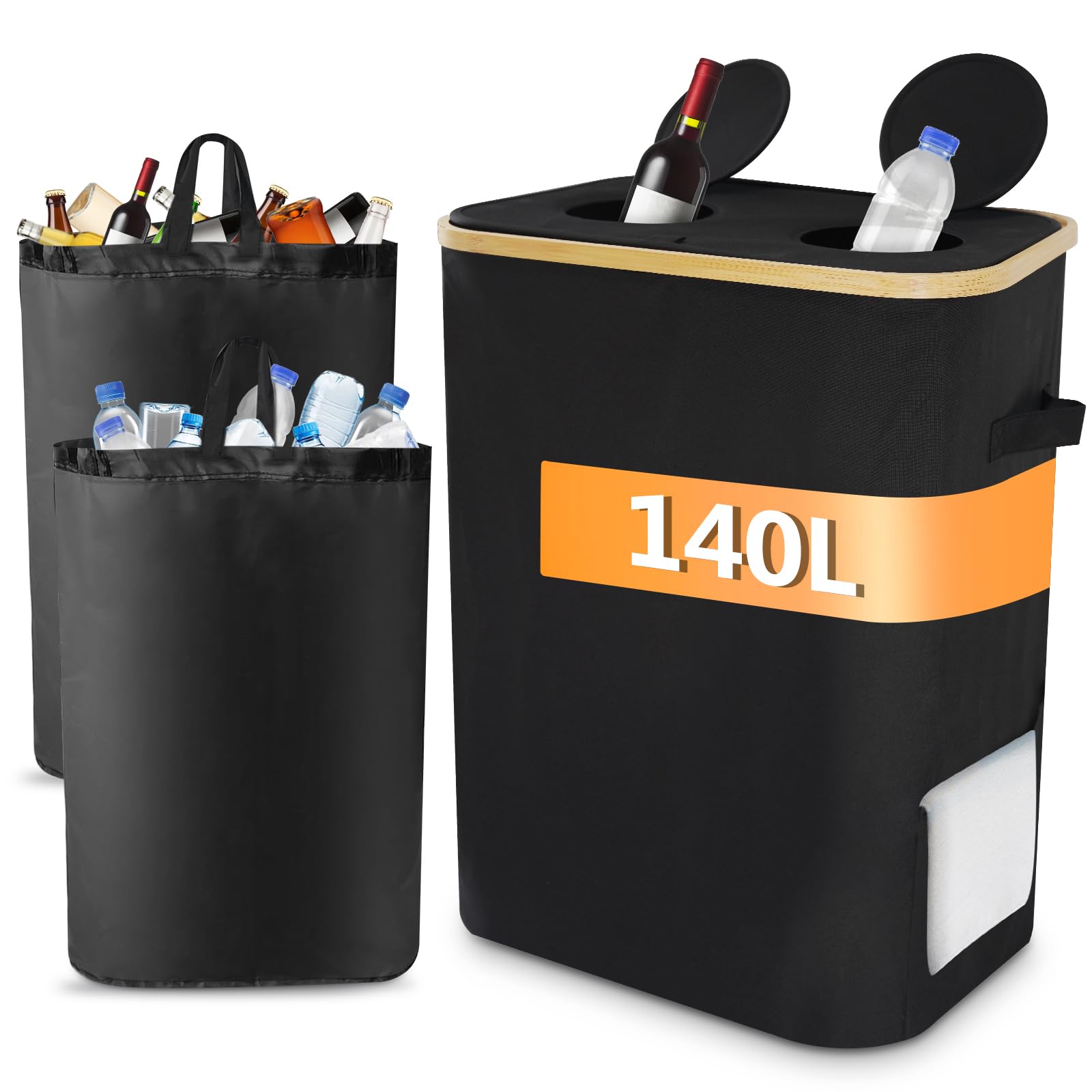 2 scomparti con coperchio, 140 l, contenitore per pegni e rifiuti di vetro, con foro, pattumiera con coperchio per cucina e ripostiglio