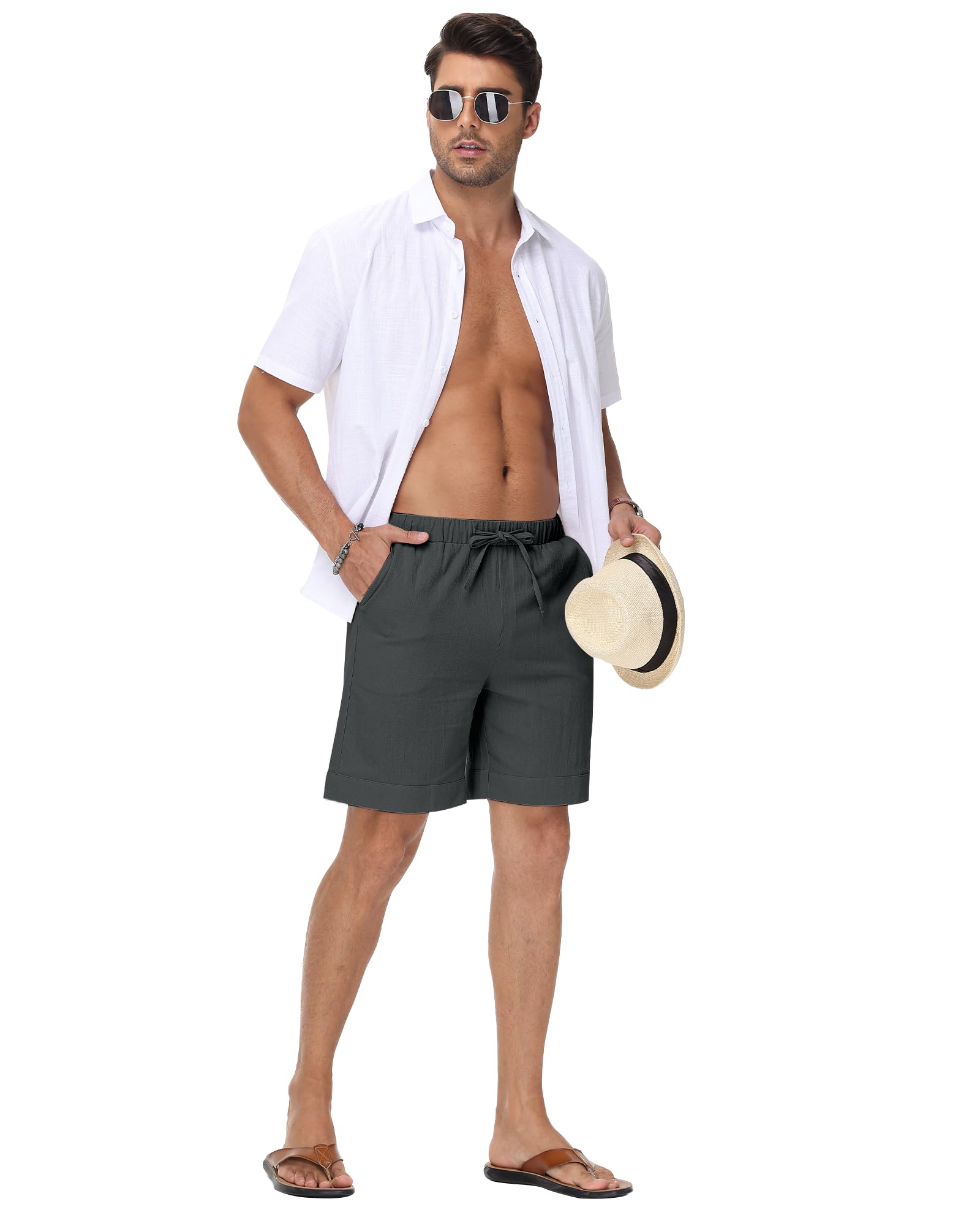 LVCBL Pantaloncini da Uomo in Tessuto di Lino, Leggeri e ariosi, vestibilità Larga, Pantaloni Corti per Il Tempo Libero M-3XL