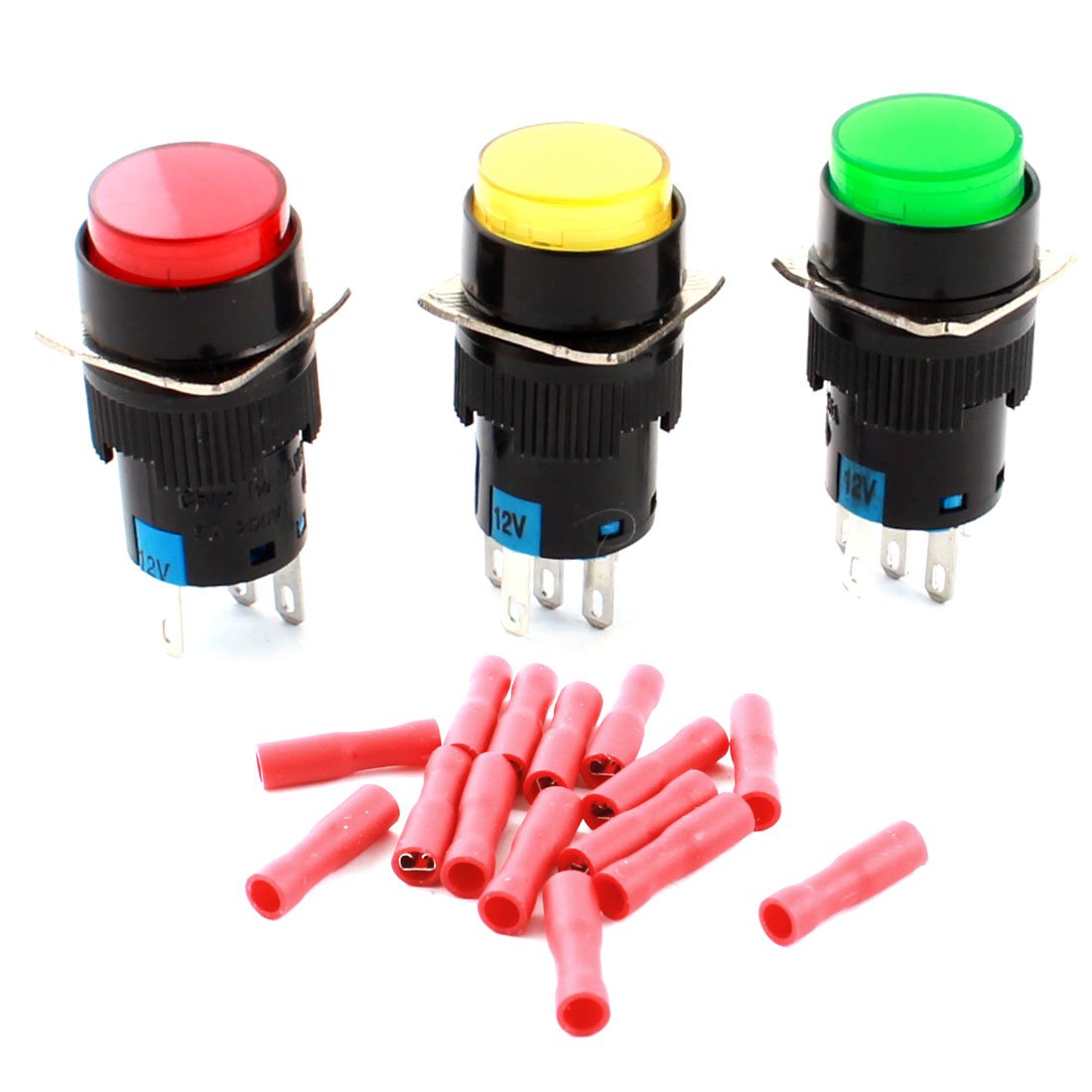 interruptor electronico 3 piezas DC Control eléctrico 12 V luz rojo amarillo verde indicador cabeza redonda SPDT 5 pines interruptores de botón momentáneos con conectores hembra