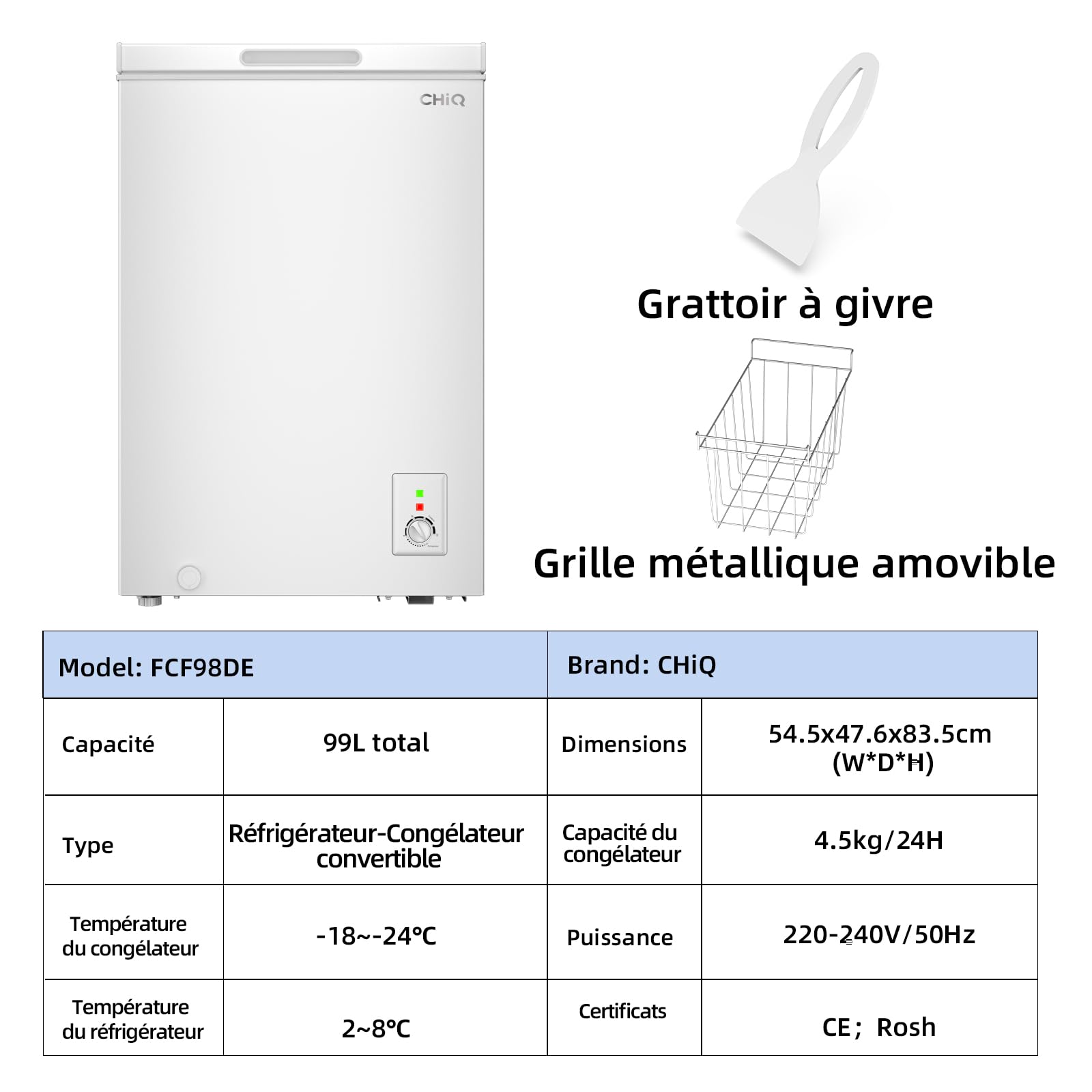 Congélateur coffre CHiQ 99L, 54,5 x 47,6 x 83,5 cm, Conception compacte, Congélation 4 étoiles, Contrôle du thermostat, Grille métallique, Porte stationnaire, Niveau sonore faible, Blanc FCF98DE - 2