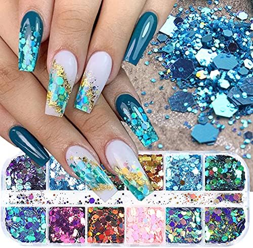 Chameleon Nail Art Glitter Sequins, 3D Sparkly Nail Flakes Decorations, Holographic Laser Gradient Nail Art Design, Shiny Glitters Powder Accessories Supplies for Women Girls, DIY Resin Nail Art Tips