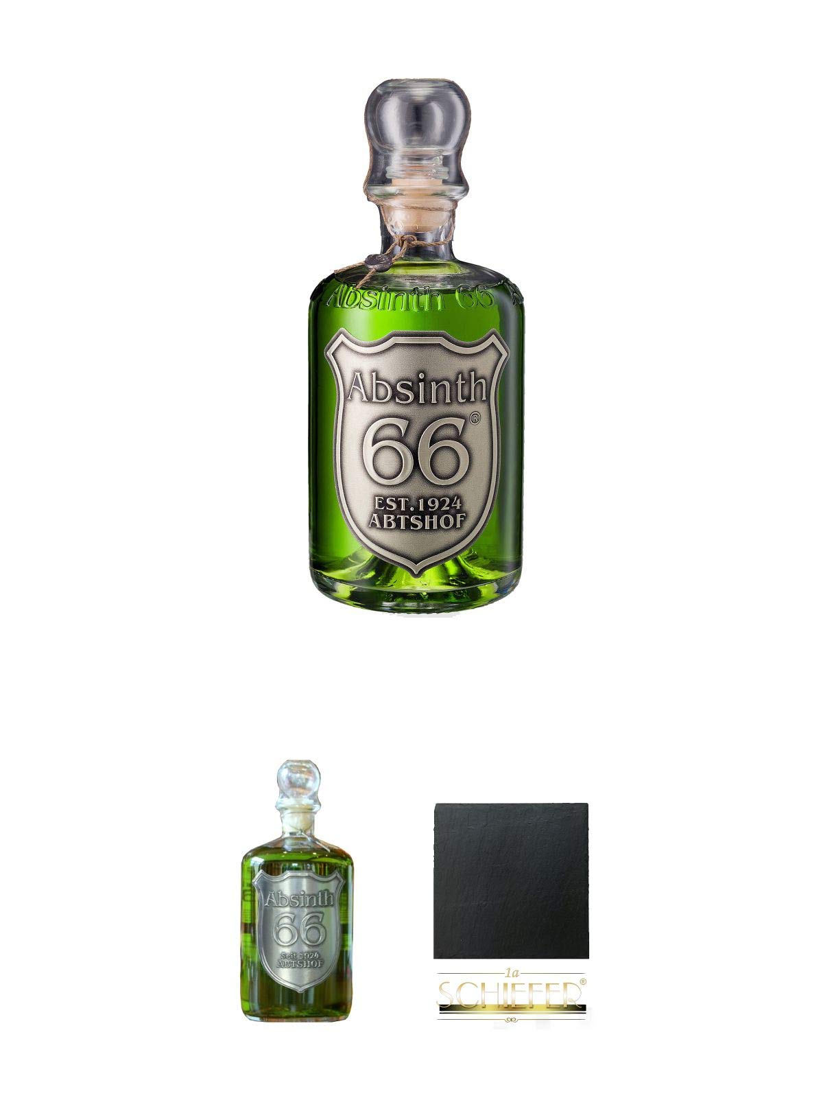 Absinth 66 Classic Grün 66% 0,5 Liter + Absinth 66 Classic Grün 66% 1,0 Liter + Schiefer Glasuntersetzer eckig ca. 9,5 cm Durchmesser