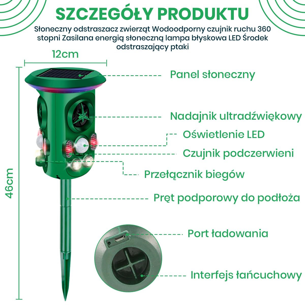 Odstraszacz kotów Fleau Garden PRO - Odstraszacz zwierząt - Ultradźwiękowy - Energia słoneczna - kun - gołębi - szkodników - Wodoodporny (Zielony — ochrona 360°)