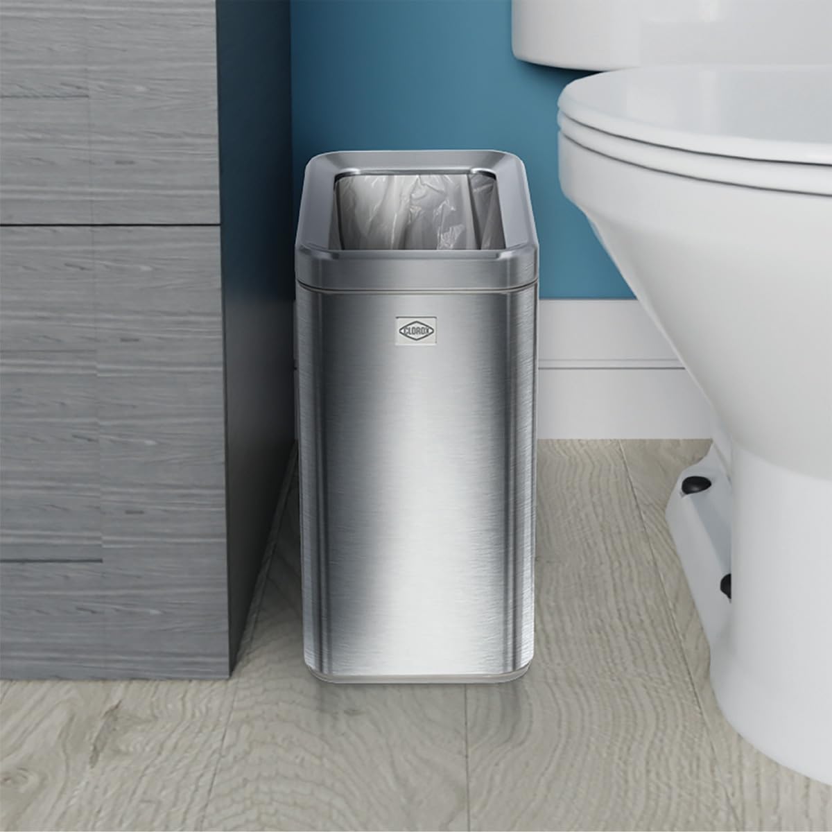 Clorox Cubo de basura delgado y abierto, cesta de basura pequeña de metal de 10 litros con cubo extraíble para espacios estrechos, cubo de basura de acero inoxidable para baño, dormitorio u oficina